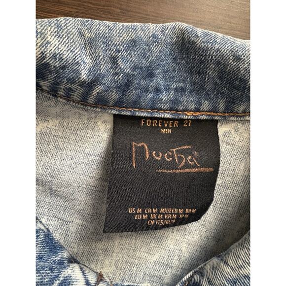 Forever 21 Alphonse Mucha Stained Glass Acid Wash Blue Jean Denim Jacket Mens M - Picture 6 of 9
